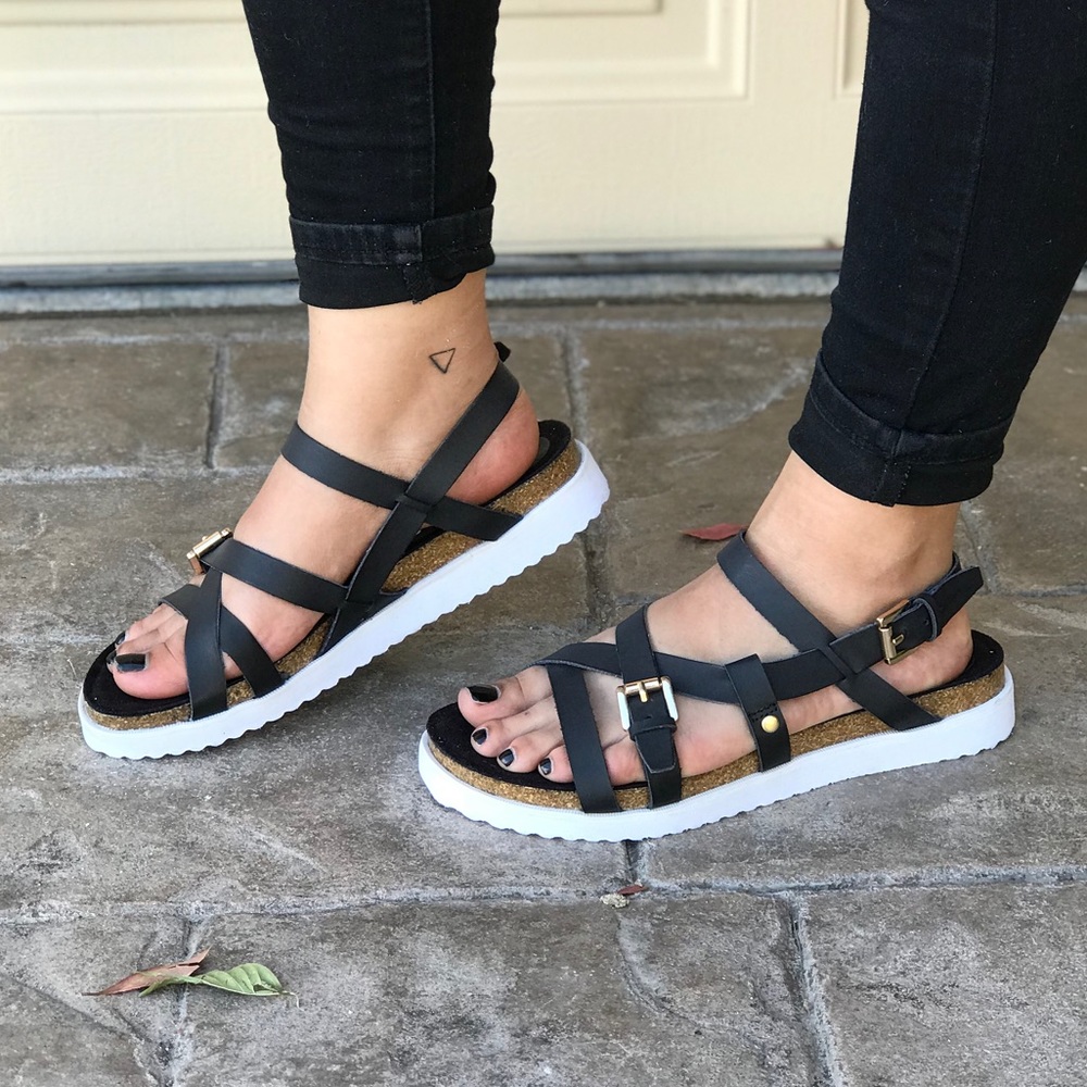 Black Cork Thick Flatform Strappy Sandals - Picture 1 of 7